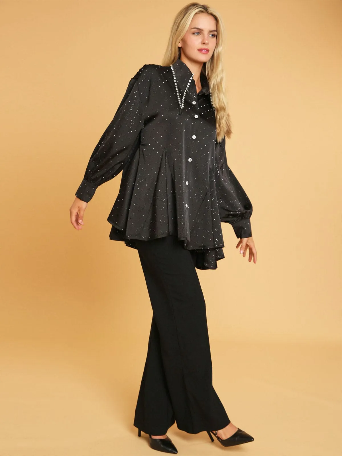 WOMEN'S LONG SLEEVE BUTTON UP STUDS DETAILED BLOUSE