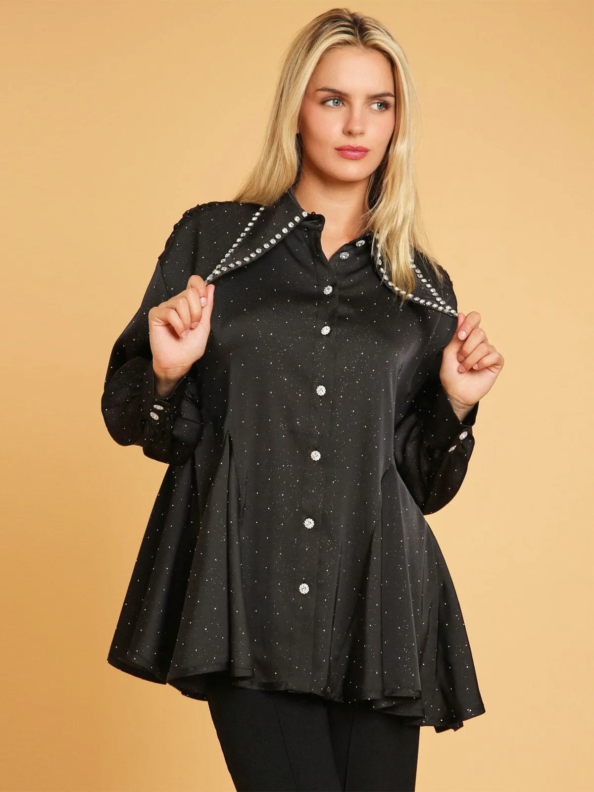 WOMEN'S LONG SLEEVE BUTTON UP STUDS DETAILED BLOUSE