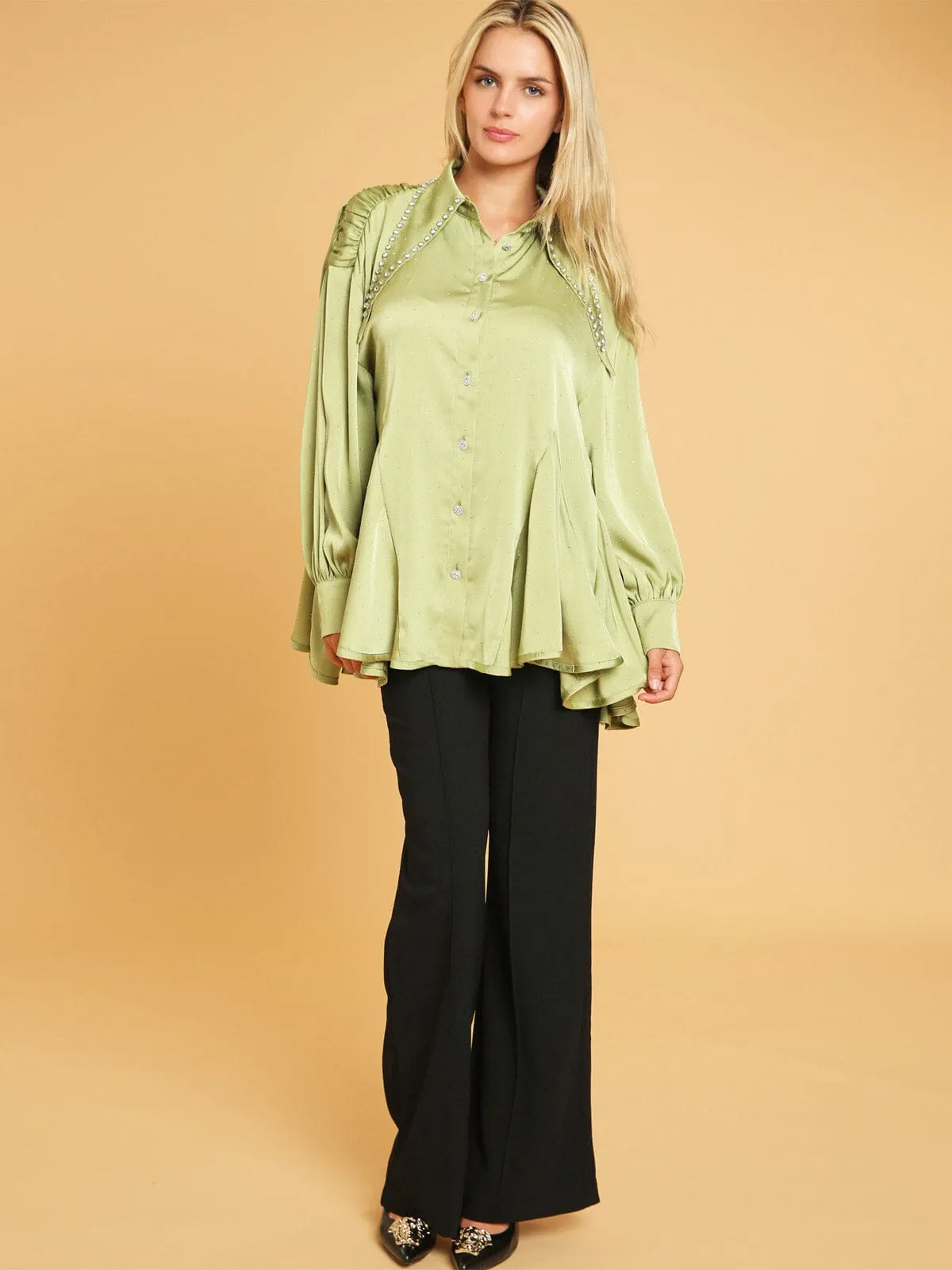 WOMEN'S LONG SLEEVE BUTTON UP STUDS DETAILED BLOUSE