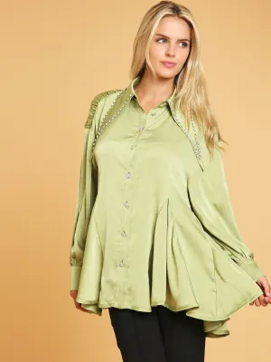WOMEN'S LONG SLEEVE BUTTON UP STUDS DETAILED BLOUSE