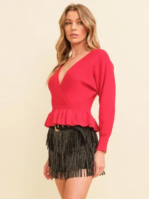 WOMEN'S LONG SLEEVE SURPLICE PEPLUM BLOUSE TOP