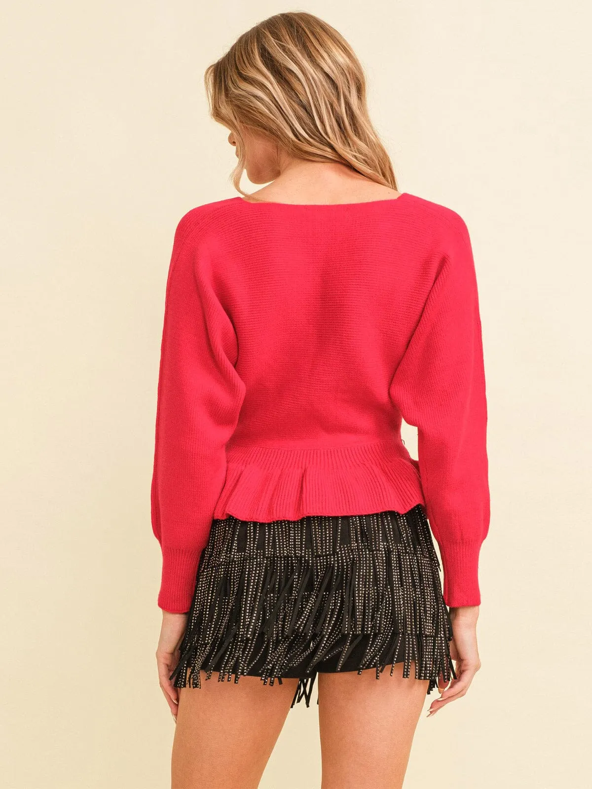 WOMEN'S LONG SLEEVE SURPLICE PEPLUM BLOUSE TOP