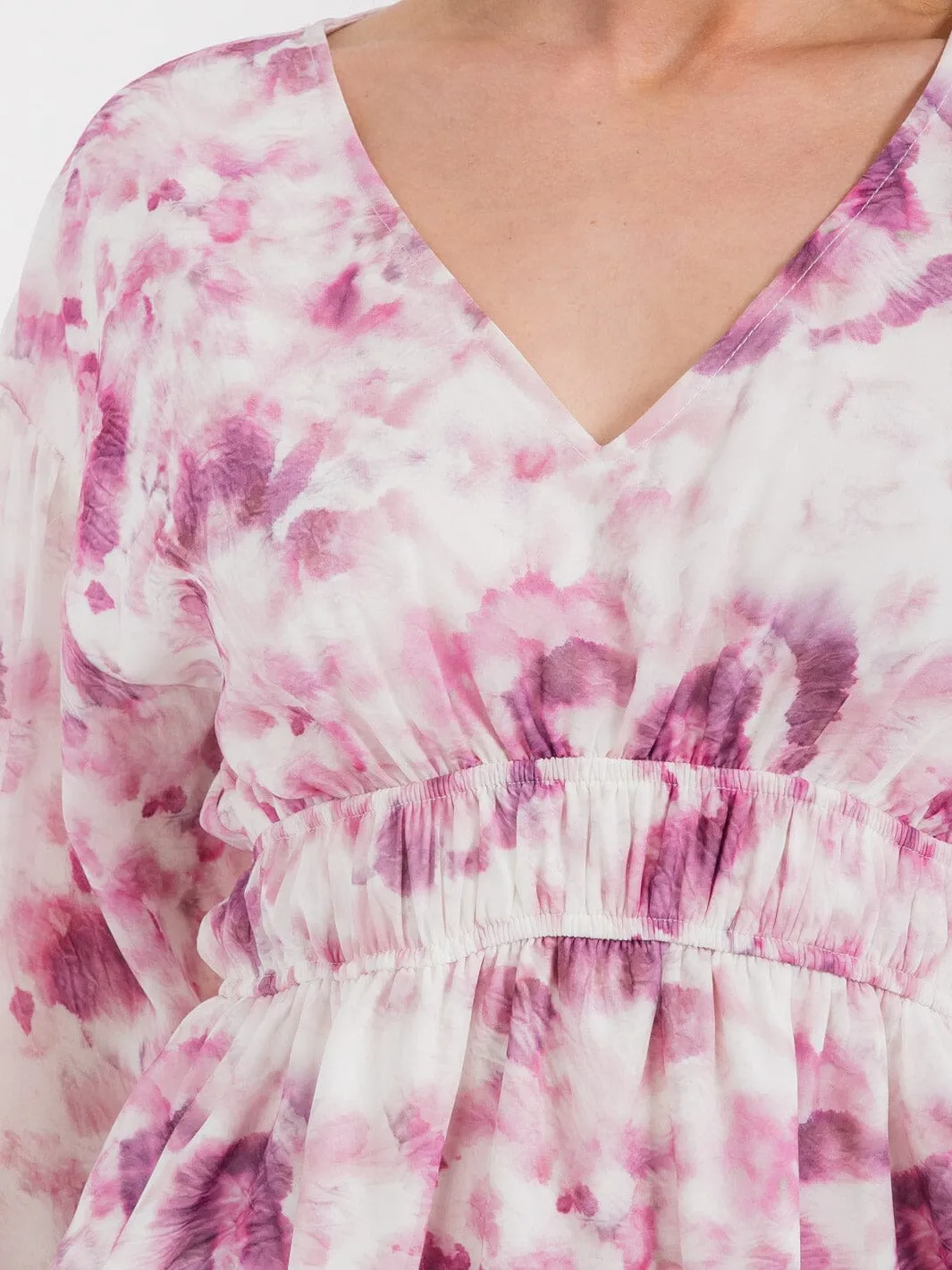 WOMEN'S LONG SLEEVE V-NECK PEPLUM TIE DYE BLOUSE