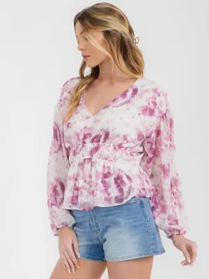 WOMEN'S LONG SLEEVE V-NECK PEPLUM TIE DYE BLOUSE