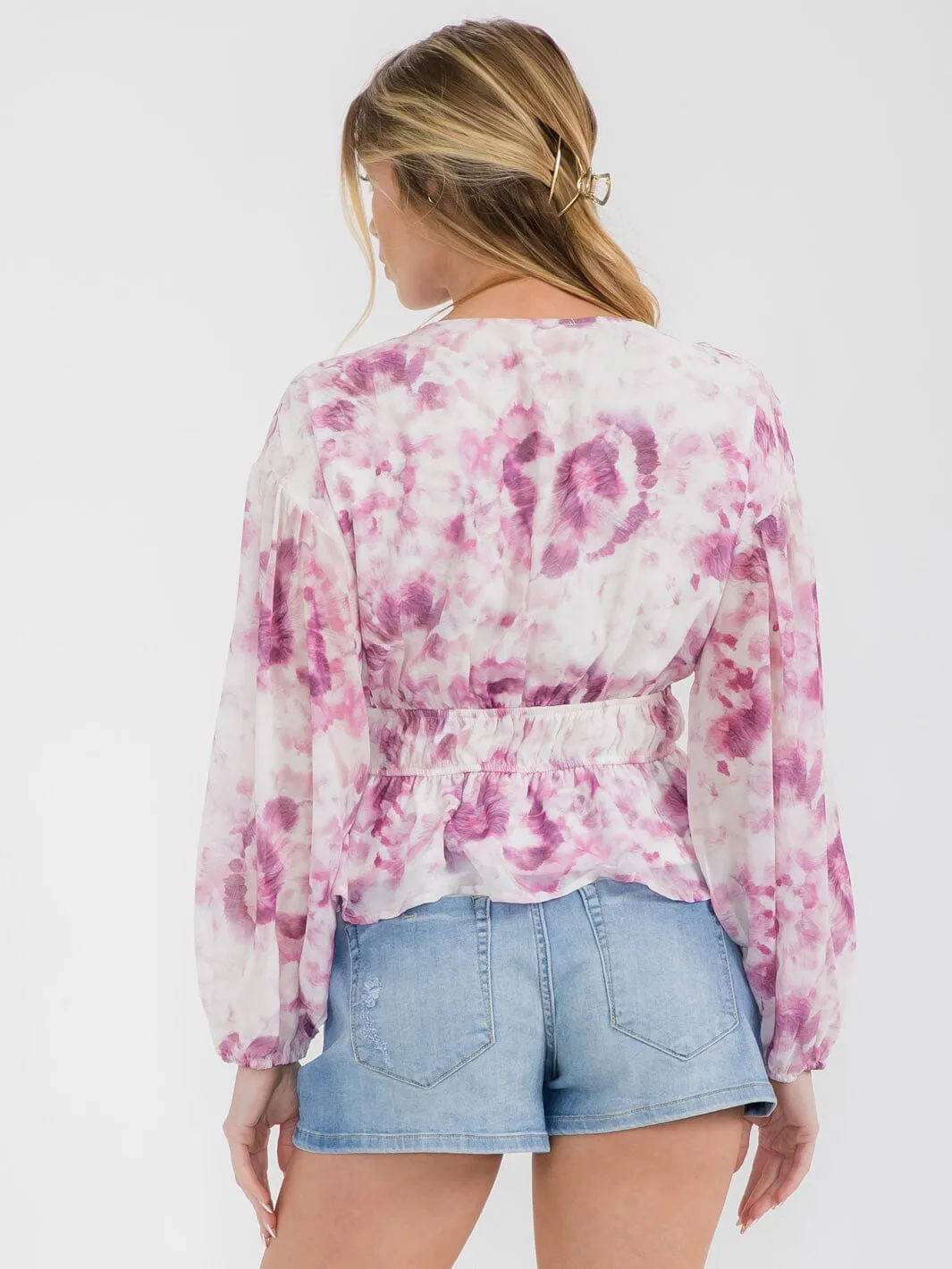 WOMEN'S LONG SLEEVE V-NECK PEPLUM TIE DYE BLOUSE