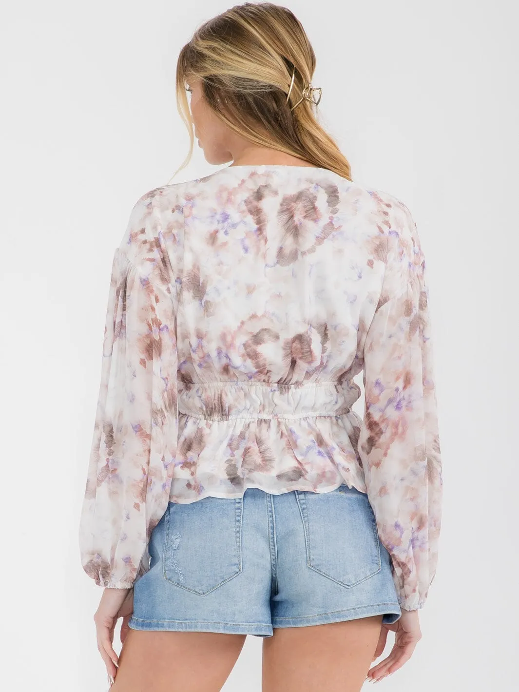 WOMEN'S LONG SLEEVE V-NECK PEPLUM TIE DYE BLOUSE