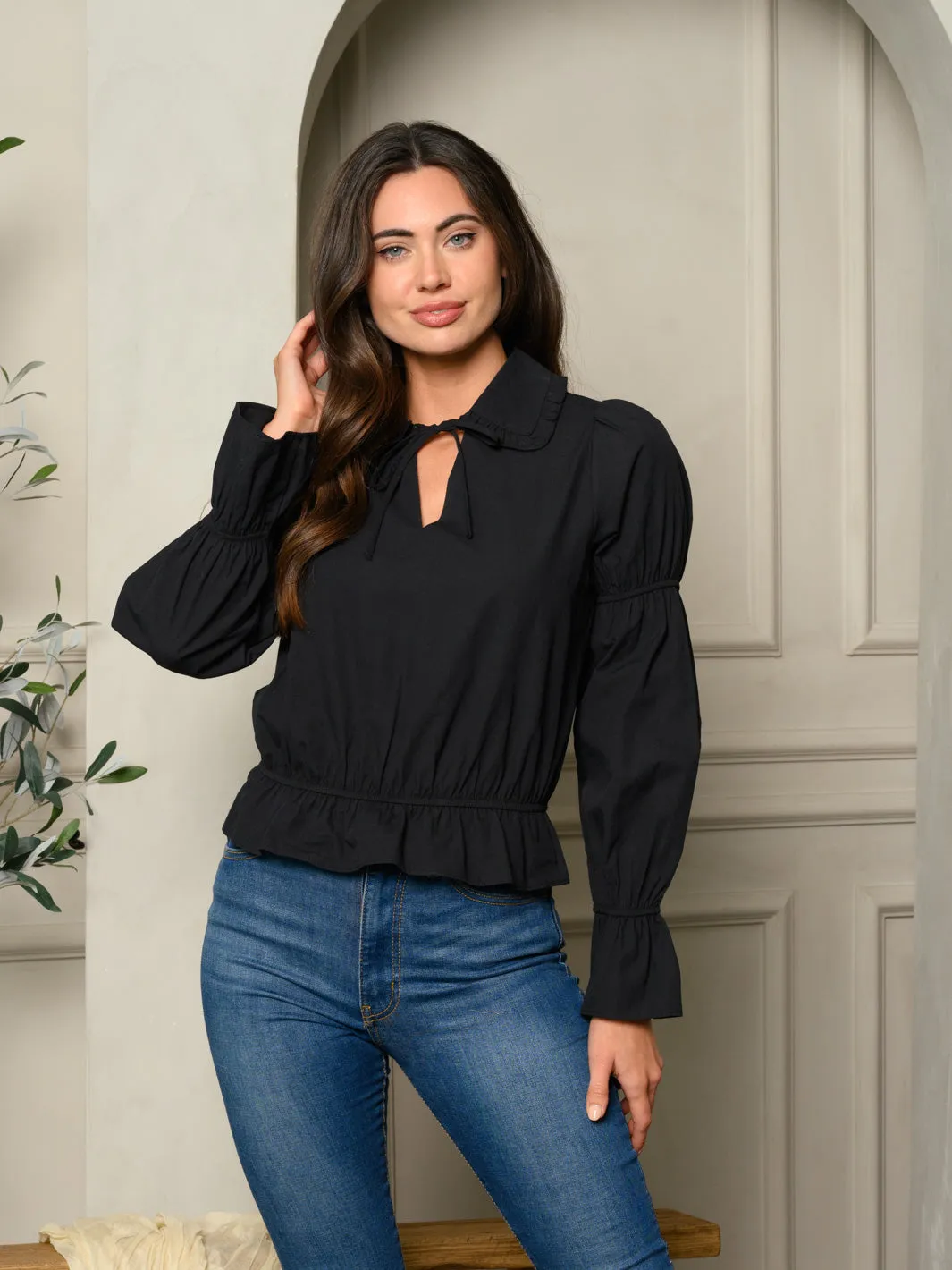 WOMEN'S LONG SLEEVE V-NECK SELF TIE PEPLUM BLOUSE