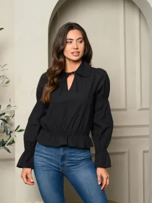 WOMEN'S LONG SLEEVE V-NECK SELF TIE PEPLUM BLOUSE