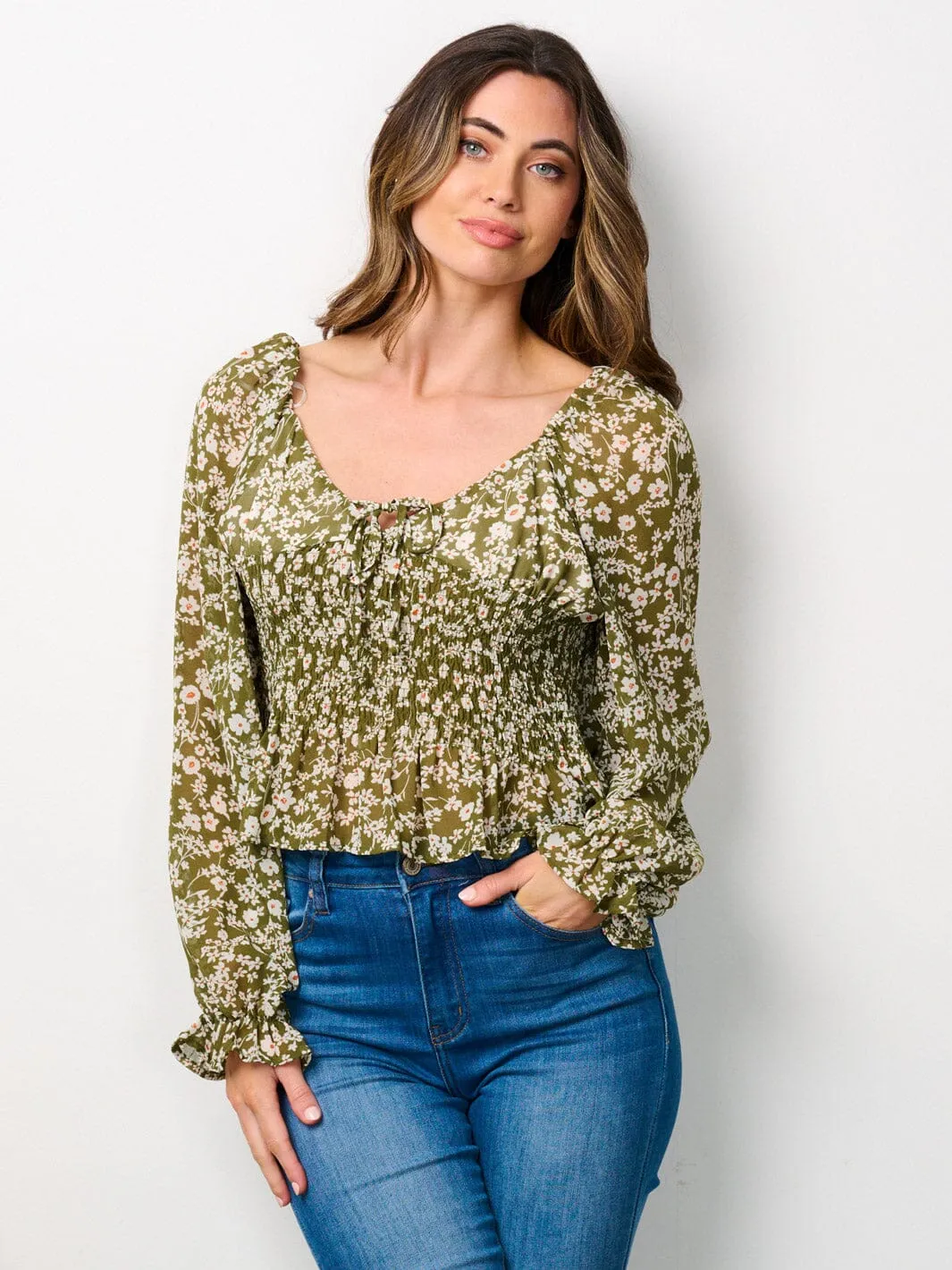 WOMEN'S LONG SLEEVE V-NECK SMOCK FLORAL BLOUSE TOP