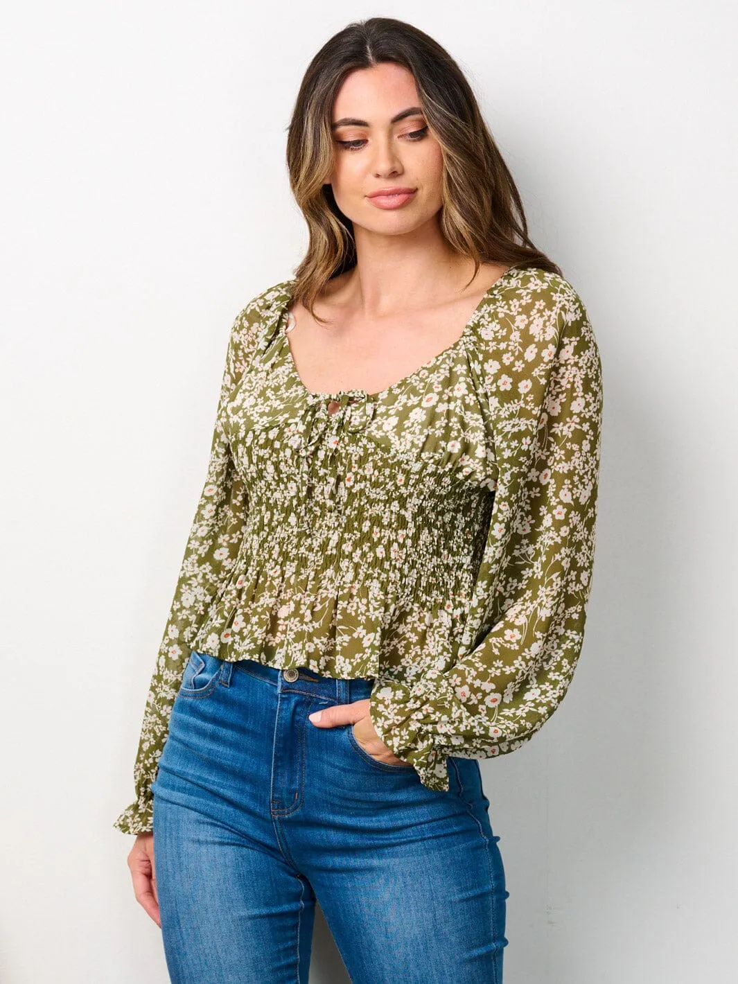 WOMEN'S LONG SLEEVE V-NECK SMOCK FLORAL BLOUSE TOP
