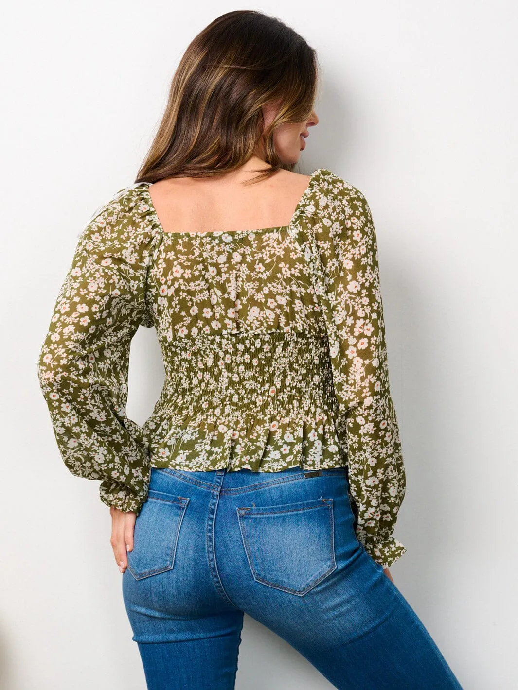 WOMEN'S LONG SLEEVE V-NECK SMOCK FLORAL BLOUSE TOP