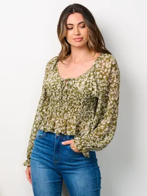 WOMEN'S LONG SLEEVE V-NECK SMOCK FLORAL BLOUSE TOP