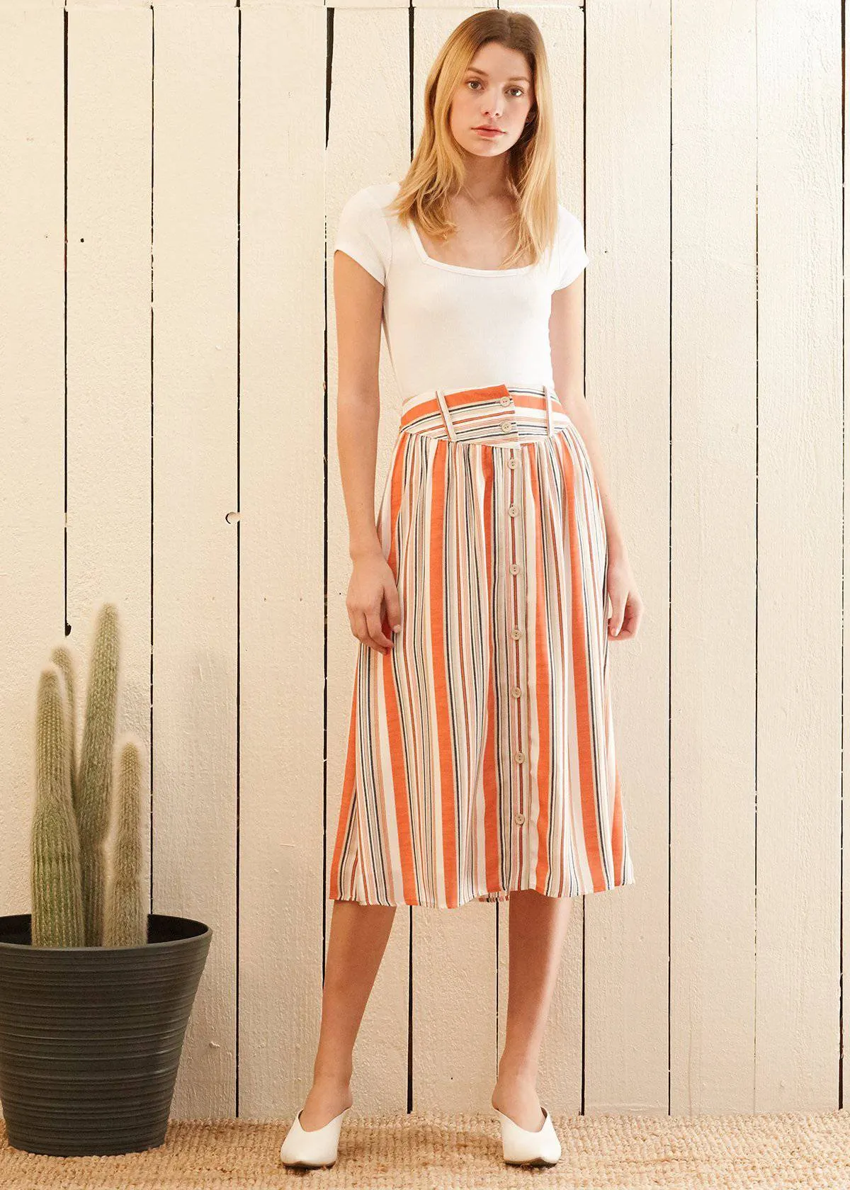 Women's Multi Stripe Button Front Midi Skirt