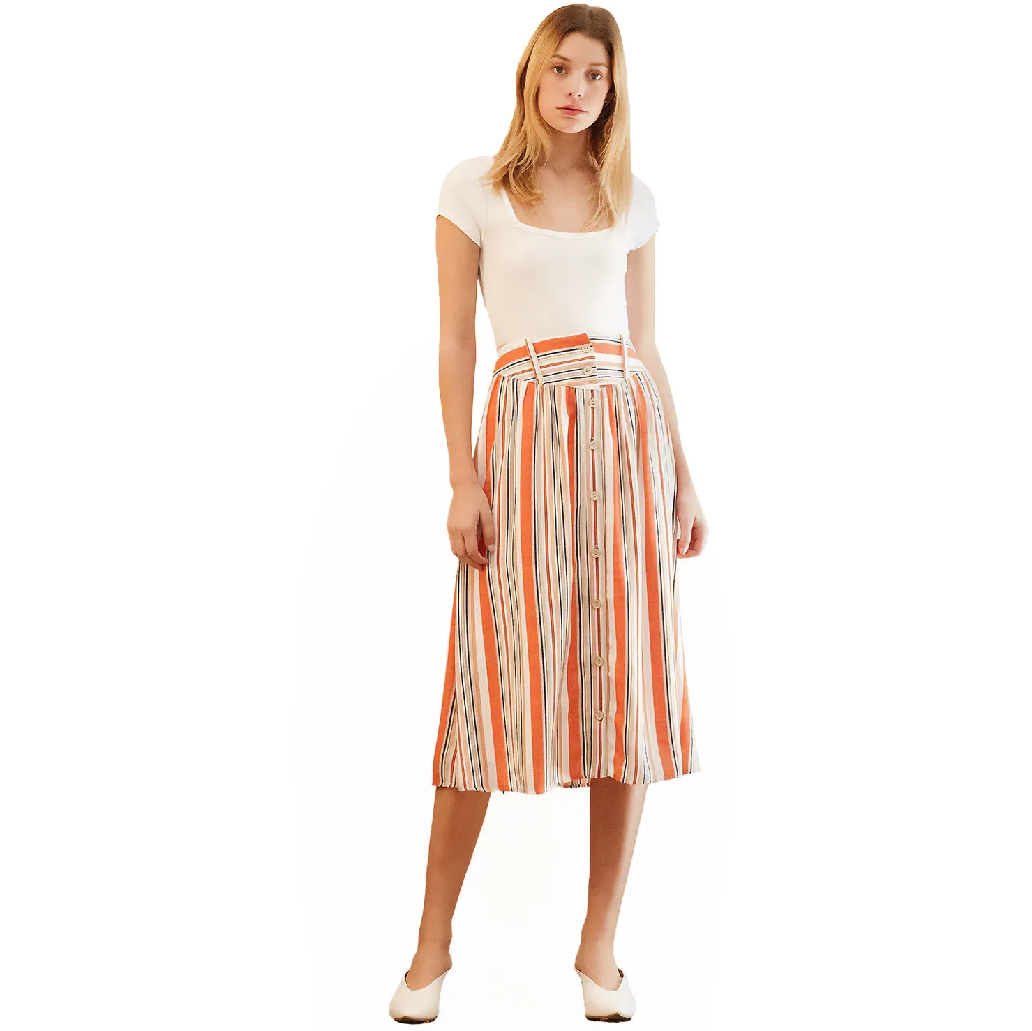 Women's Multi Stripe Button Front Midi Skirt