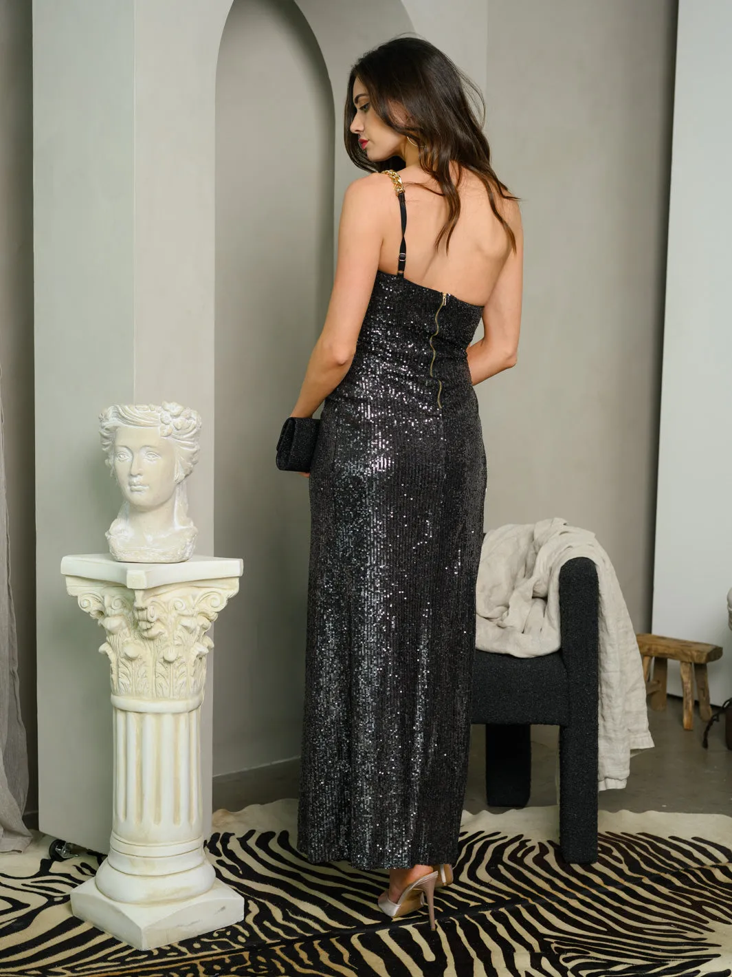 WOMEN'S OPEN SIDE ONE SHOULDER SEQUINS MAXI DRESS