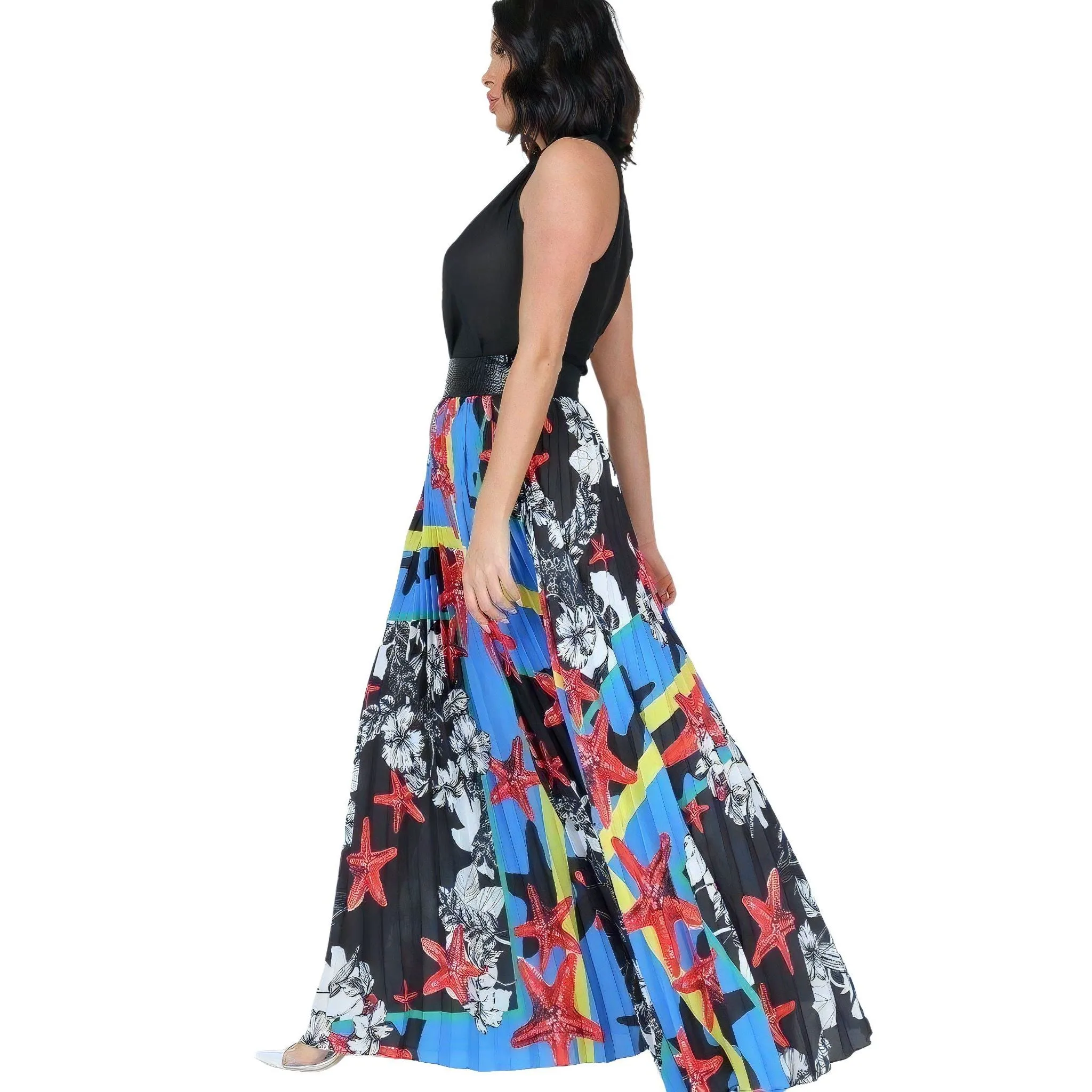 Women's Paradise Blue Pleated Maxi Skirt with Faux Leather Waistband