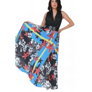 Women's Paradise Blue Pleated Maxi Skirt with Faux Leather Waistband