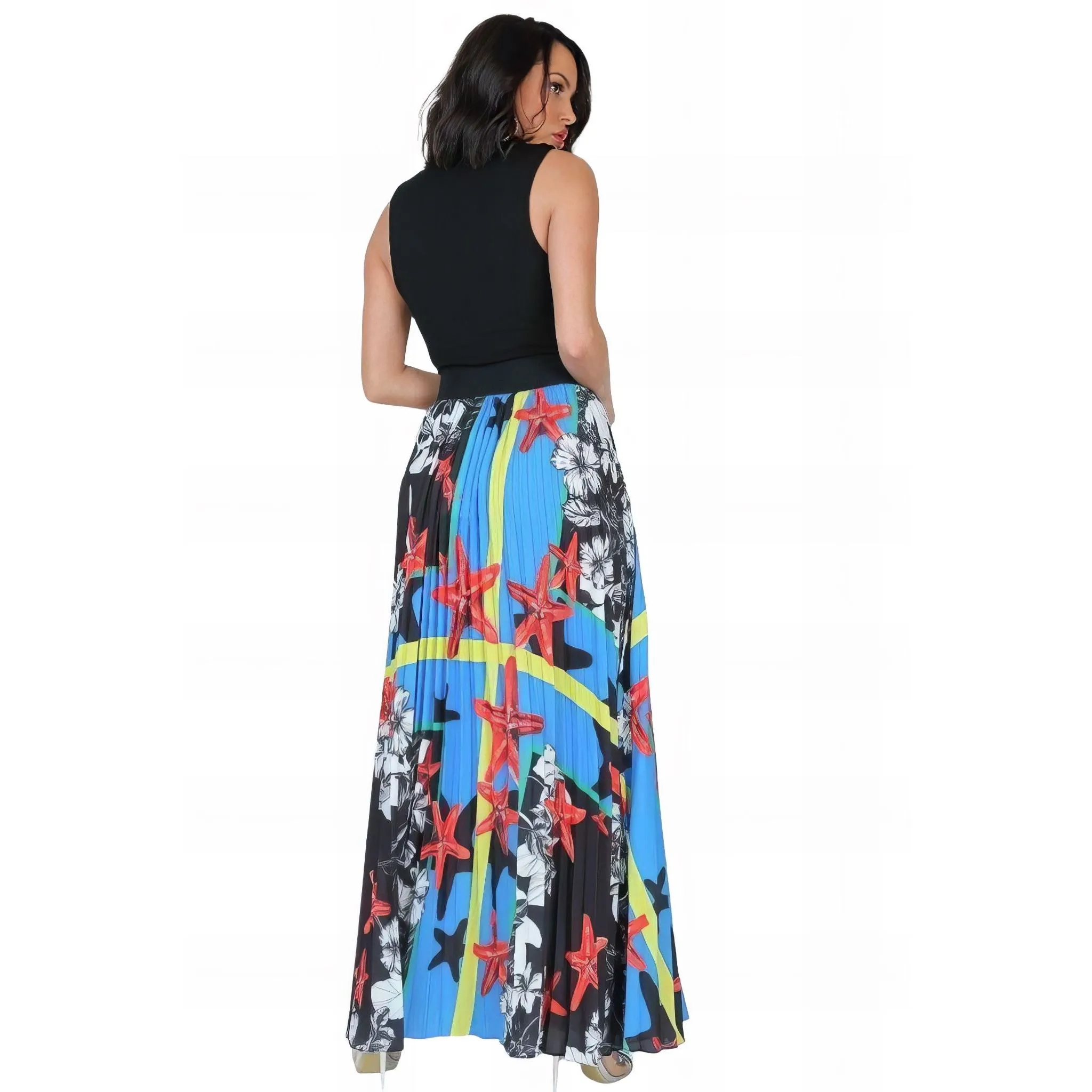 Women's Paradise Blue Pleated Maxi Skirt with Faux Leather Waistband