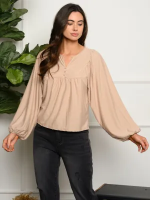 WOMEN'S PUFF LONG SLEEVE SWISS DOT BUTTON UP DETAIL TOP