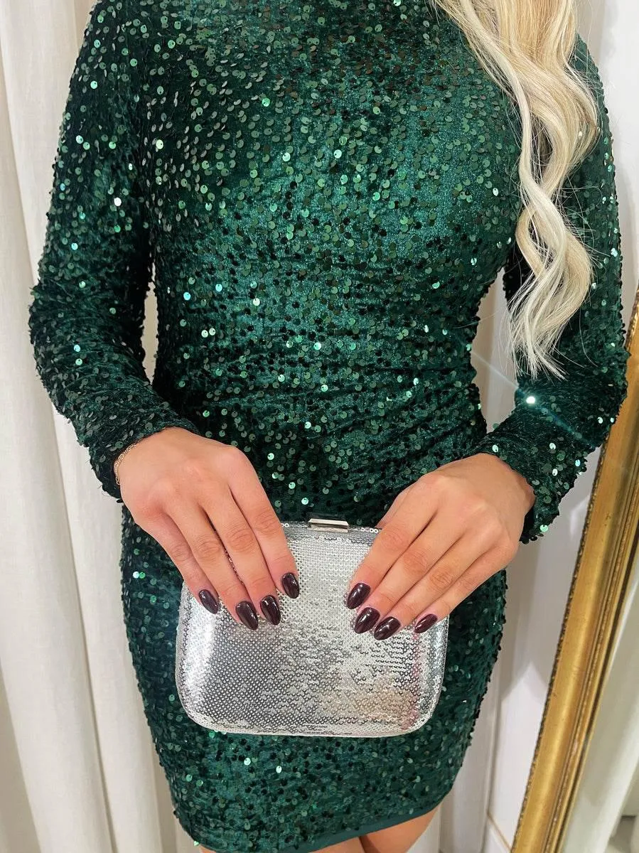 Womens Sequin Long Sleeve Bodycon Mini Dress