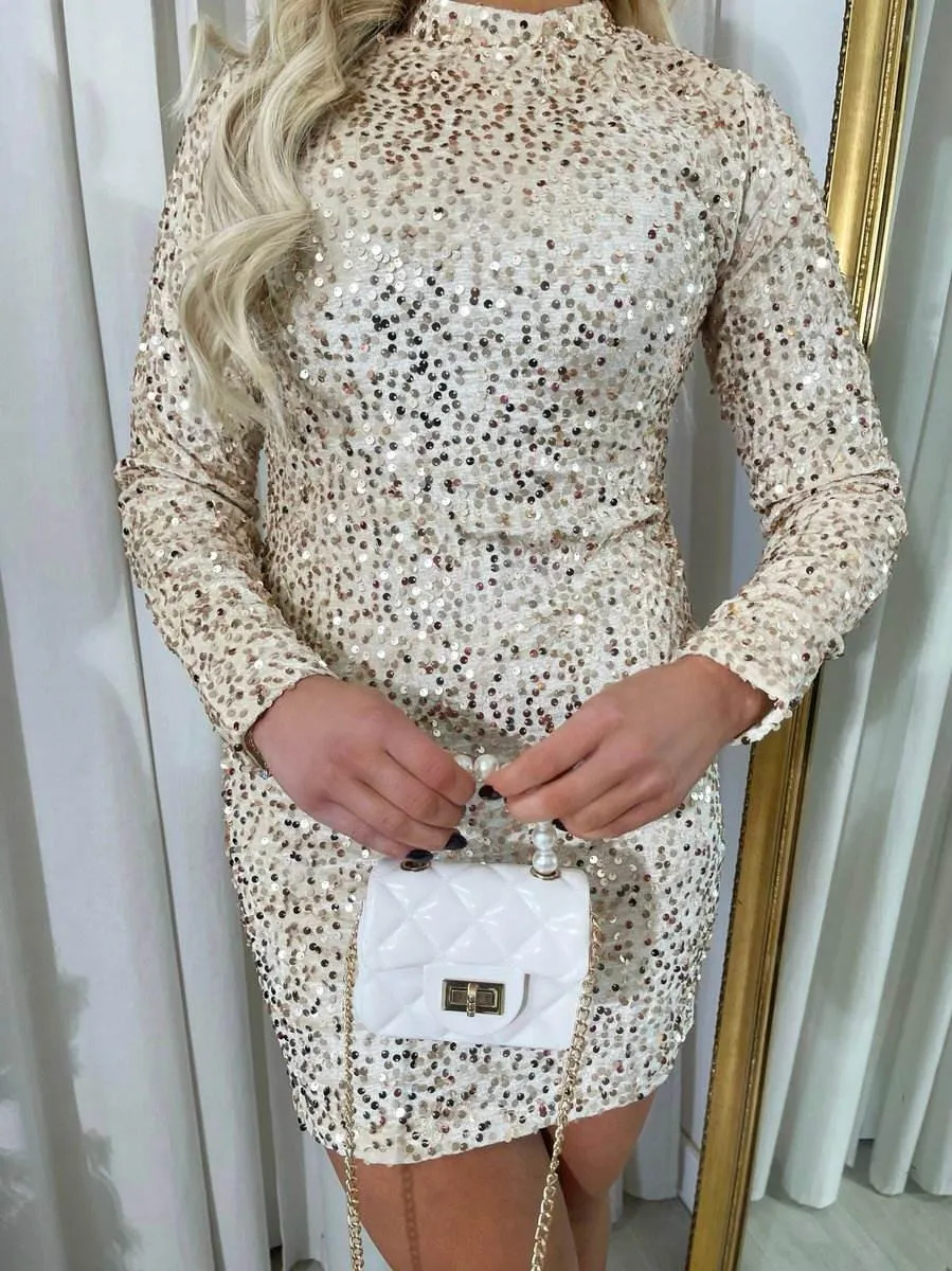 Womens Sequin Long Sleeve Bodycon Mini Dress