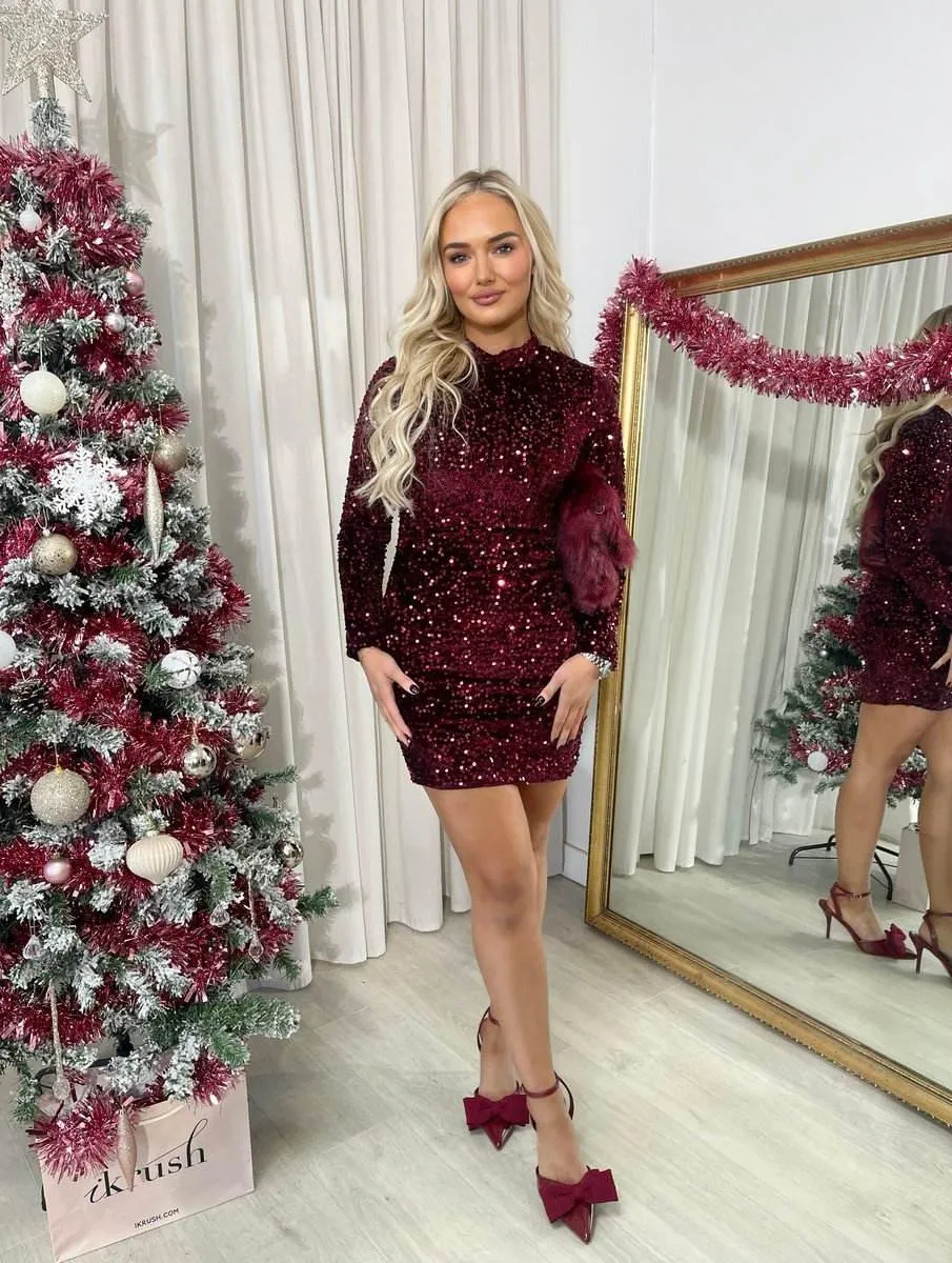 Womens Sequin Long Sleeve Bodycon Mini Dress