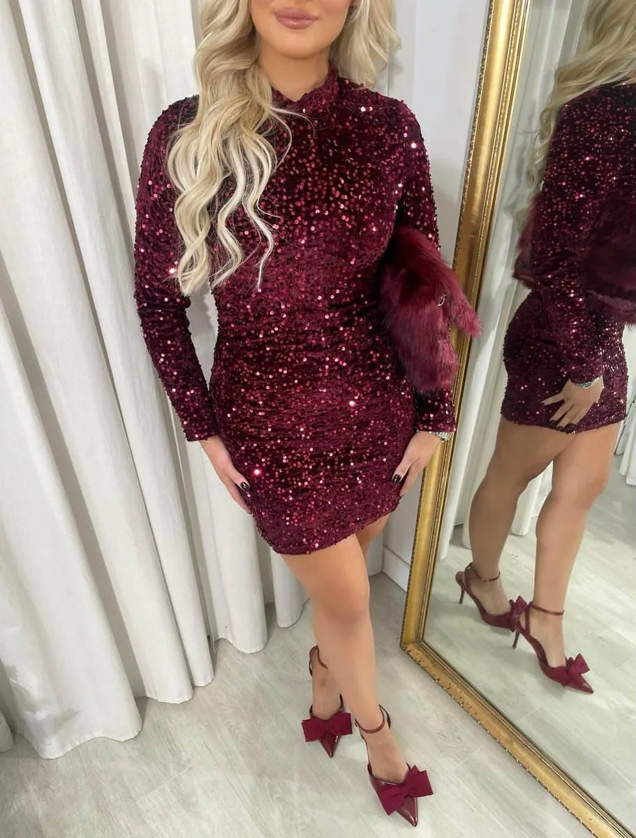 Womens Sequin Long Sleeve Bodycon Mini Dress