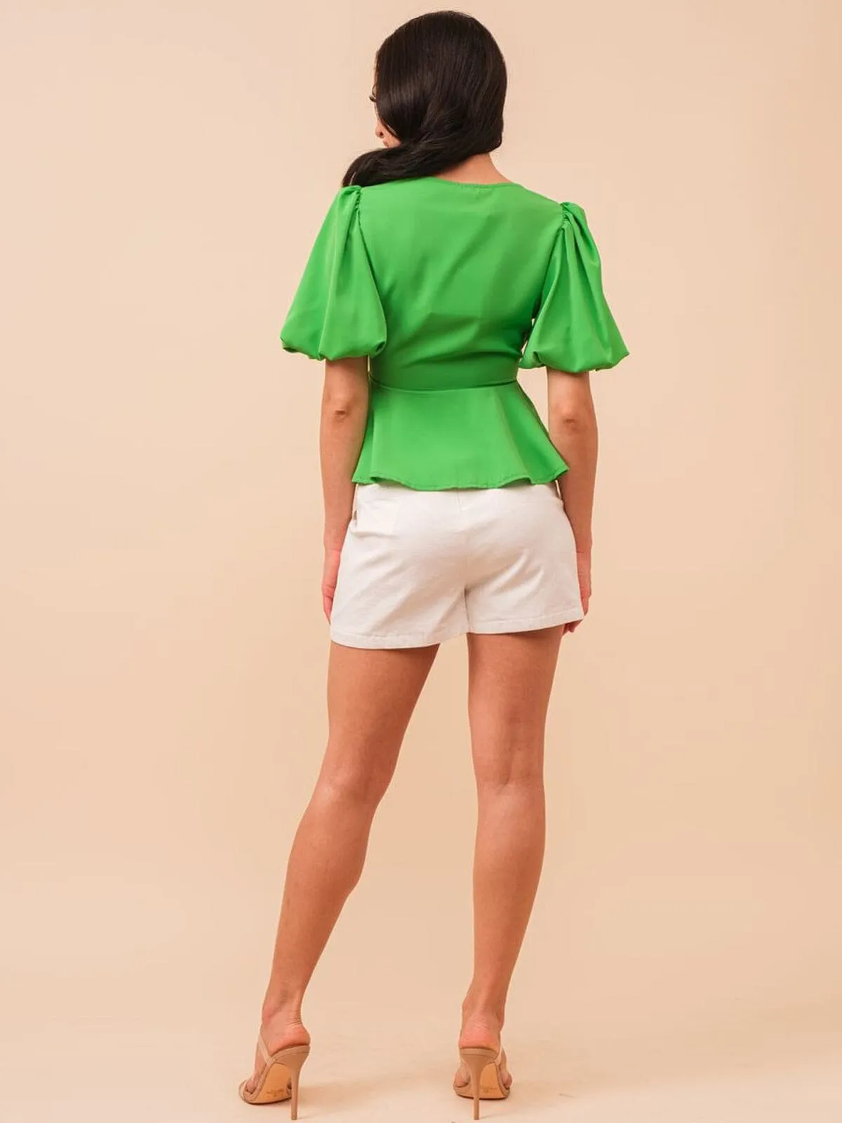 WOMEN'S SHORT PUFF SLEEVE BUTTON UP PEPLUM BLOUSE TOP