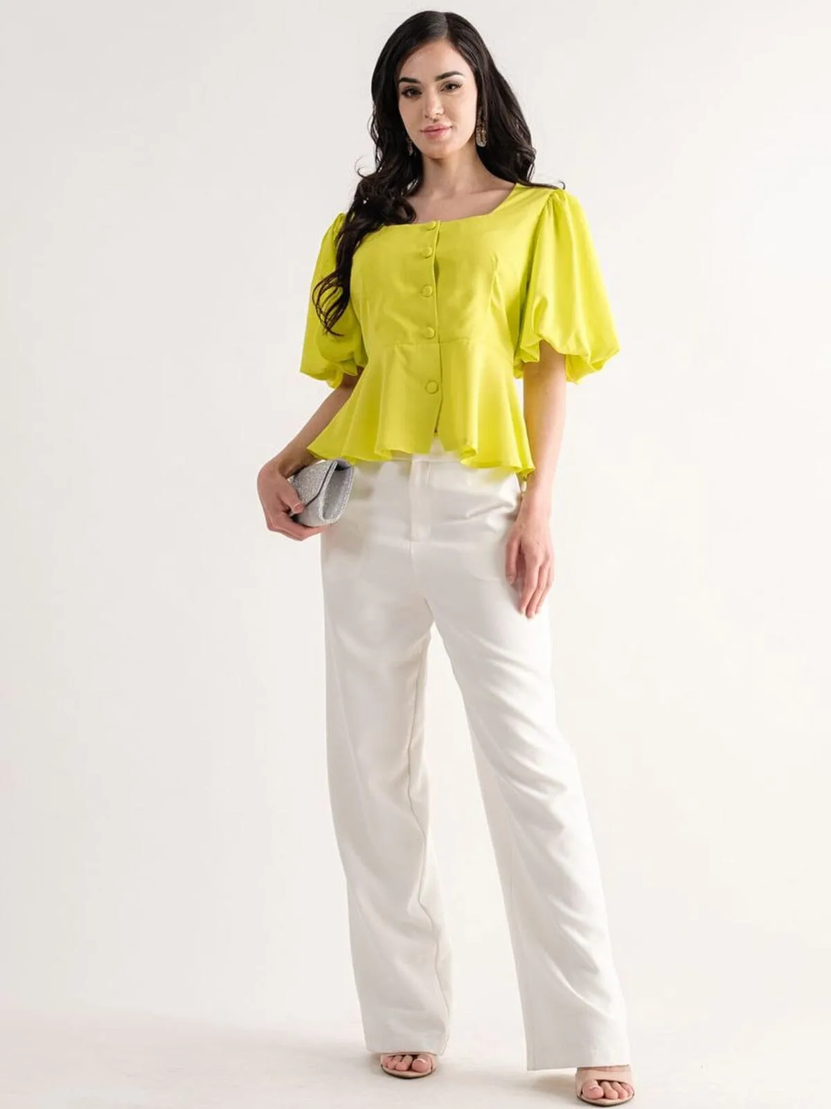 WOMEN'S SHORT PUFF SLEEVE BUTTON UP PEPLUM BLOUSE TOP