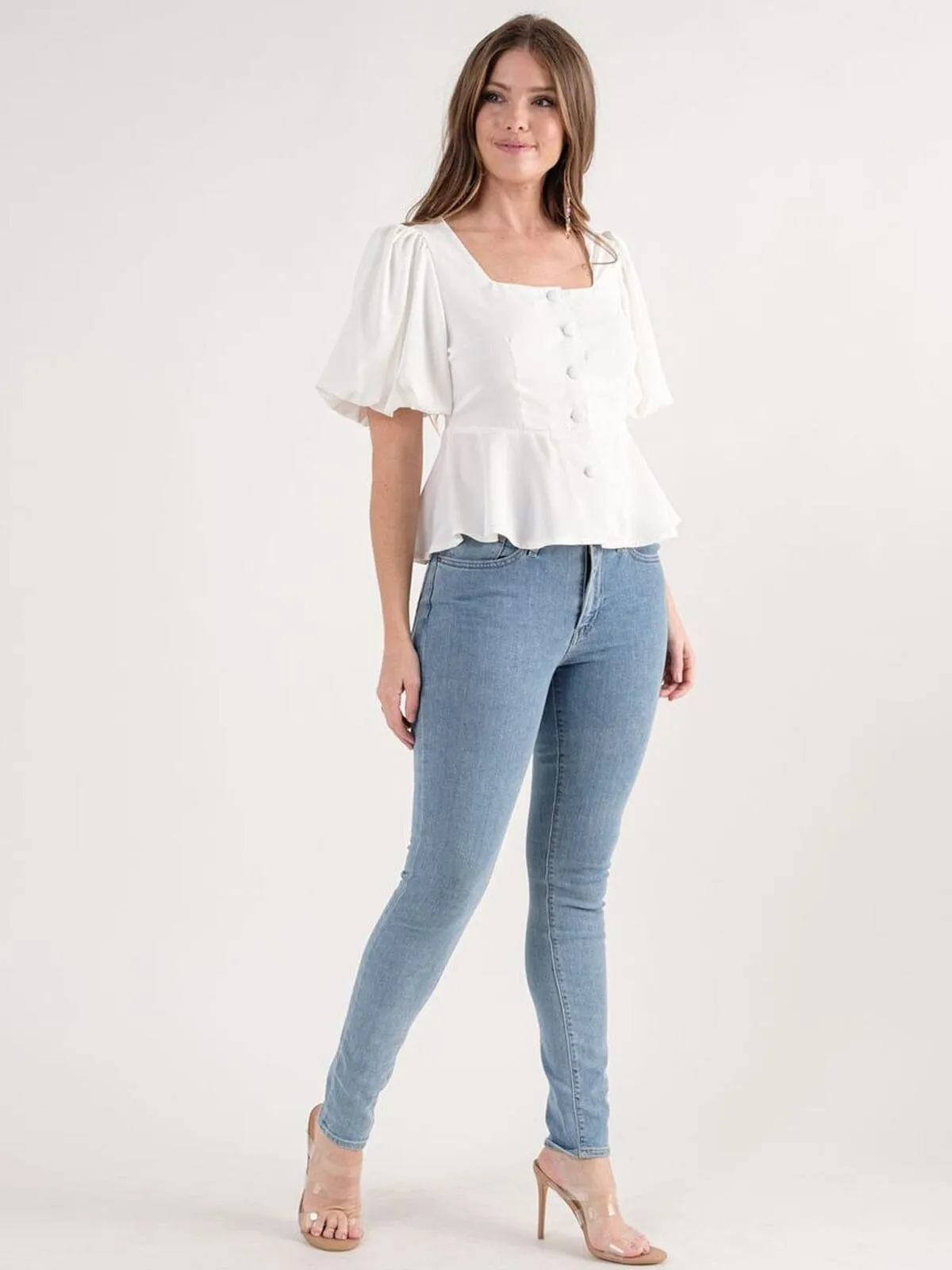 WOMEN'S SHORT PUFF SLEEVE BUTTON UP PEPLUM BLOUSE TOP