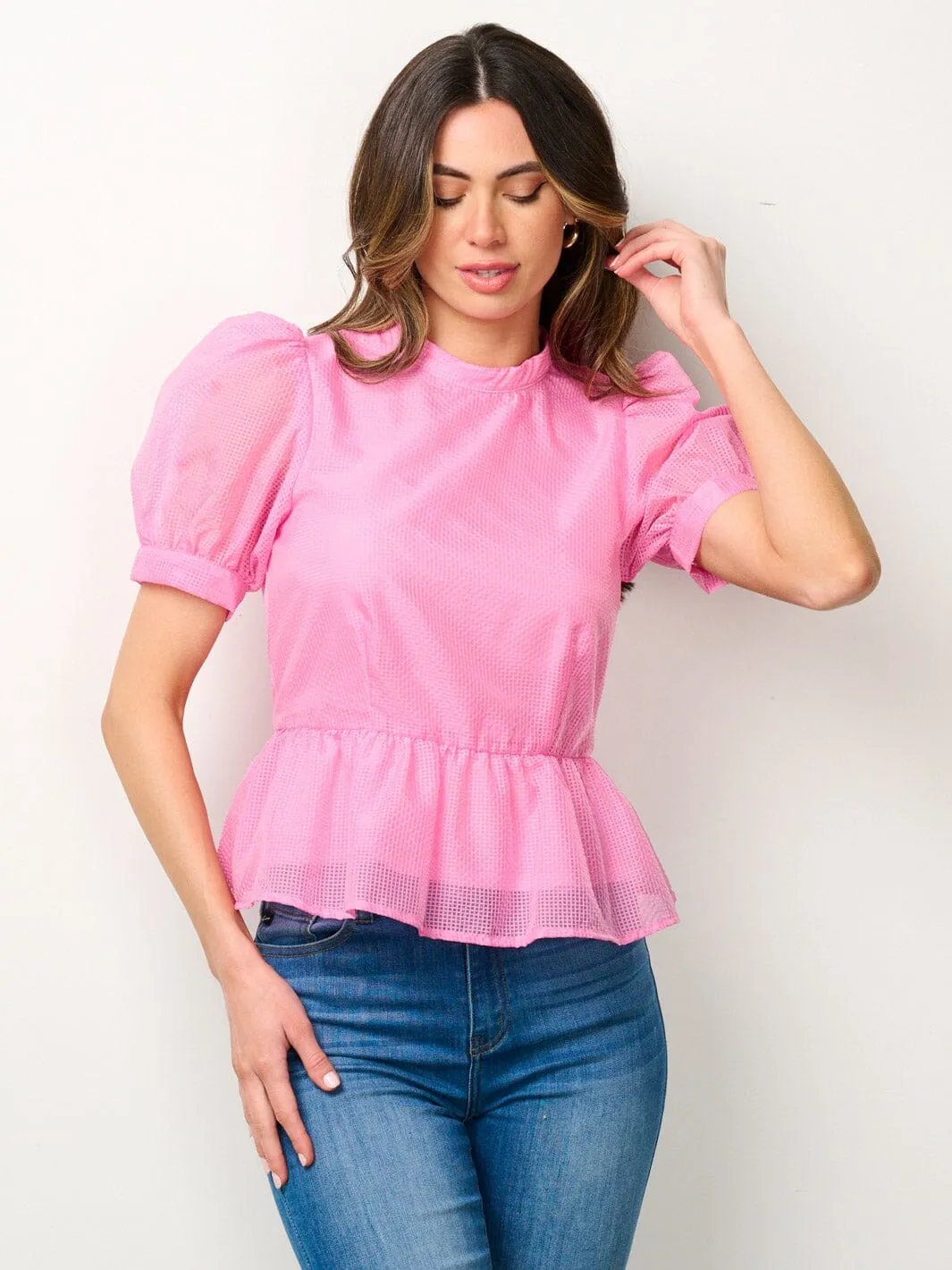 WOMEN'S SHORT PUFF SLEEVE PEPLUM BLOUSE TOP