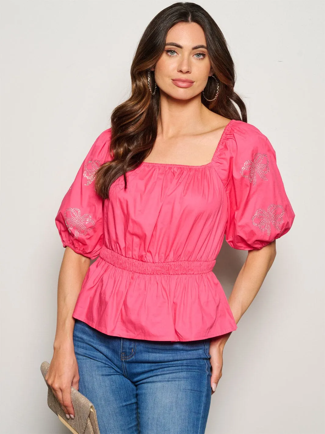 WOMEN'S SHORT PUFF SLEEVE STUDS DETAILED PEPLUM BLOUSE TOP