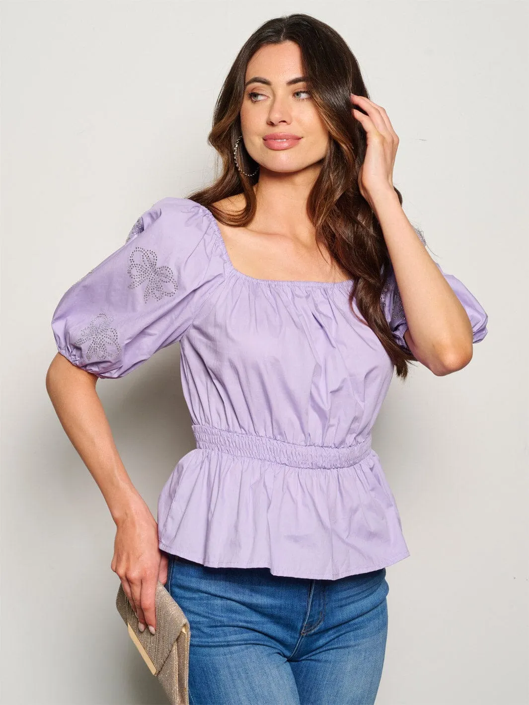 WOMEN'S SHORT PUFF SLEEVE STUDS DETAILED PEPLUM BLOUSE TOP