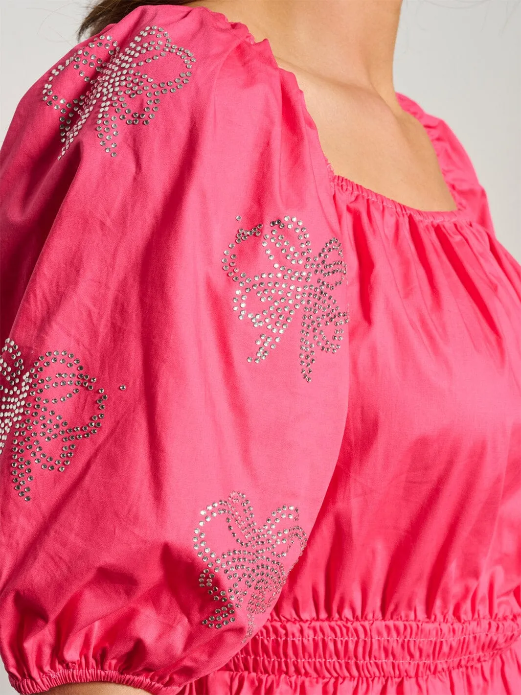 WOMEN'S SHORT PUFF SLEEVE STUDS DETAILED PEPLUM BLOUSE TOP