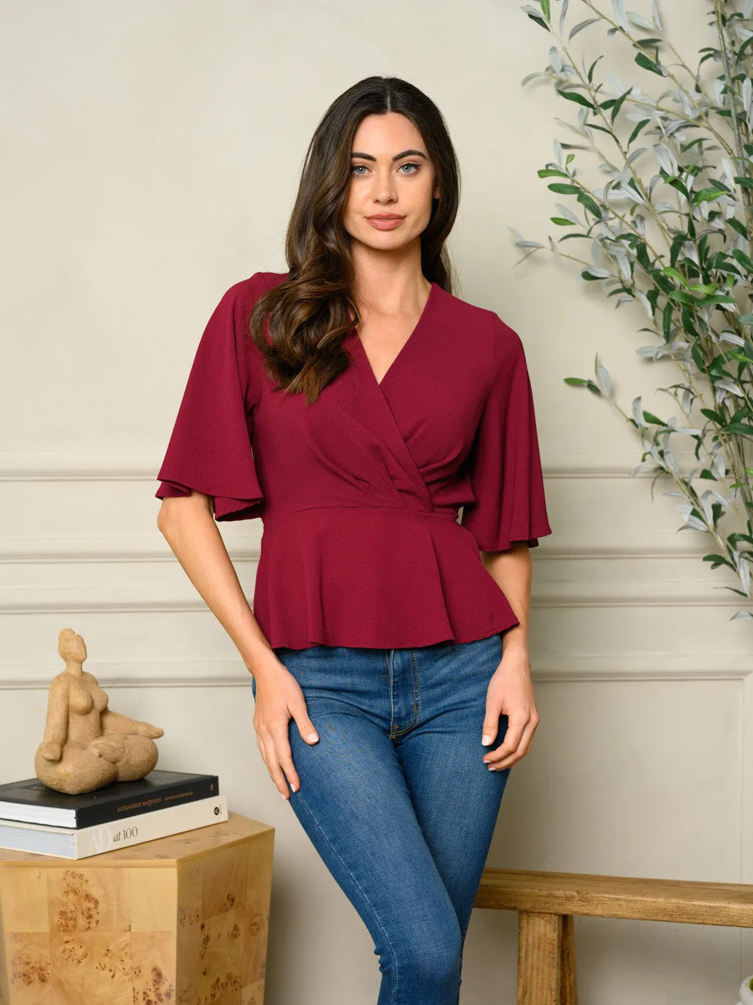 WOMEN'S SHORT RUFFLE SLEEVE PEPLUM TOP