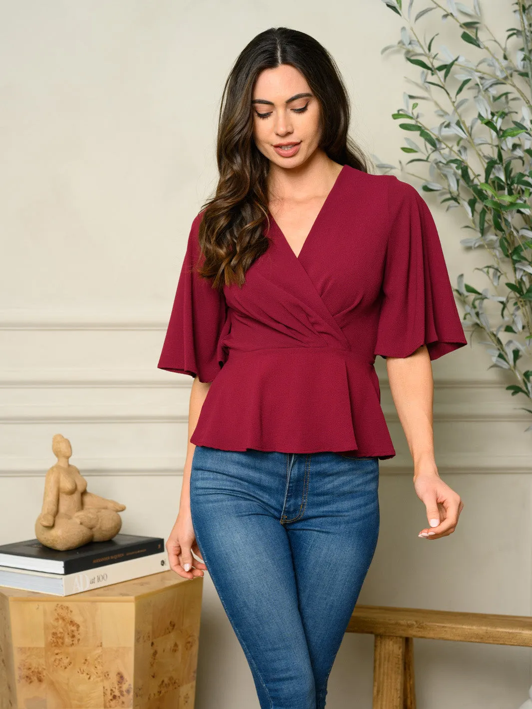 WOMEN'S SHORT RUFFLE SLEEVE PEPLUM TOP