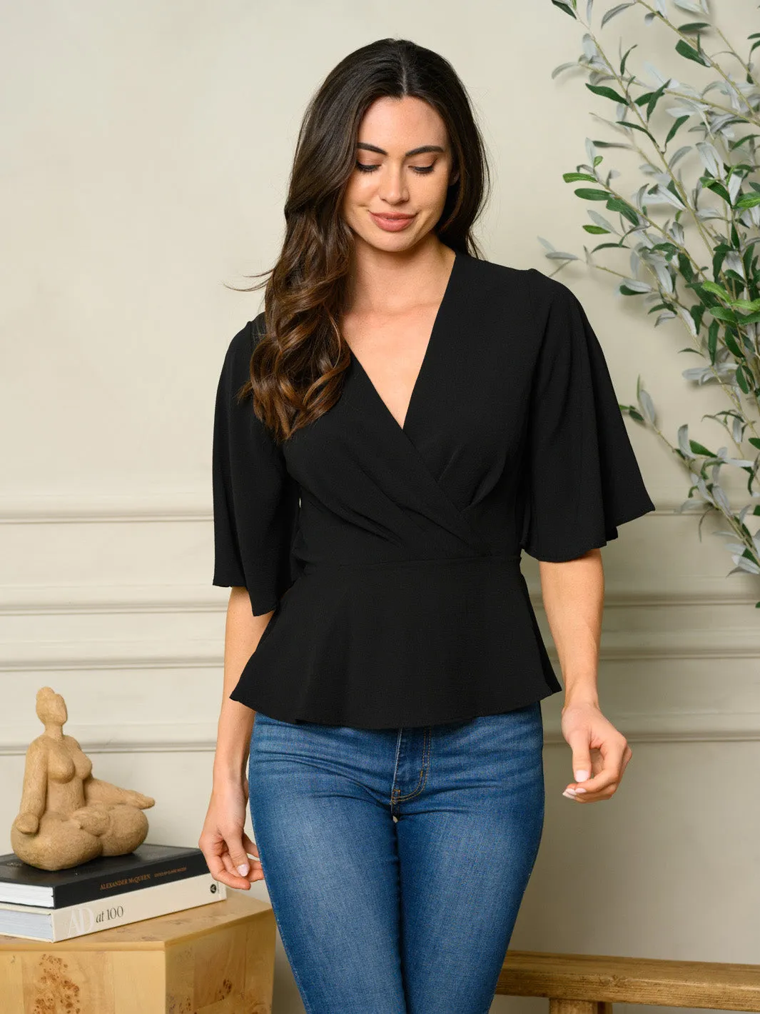 WOMEN'S SHORT RUFFLE SLEEVE PEPLUM TOP