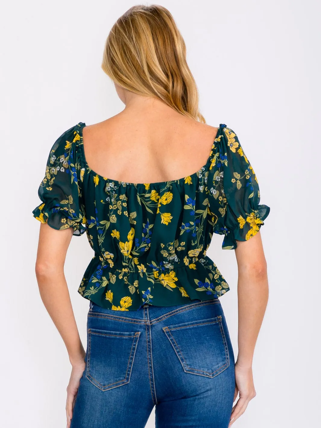 WOMEN'S SHORT SLEEVE ELASTIC WAIST FLORAL PRINT TOP