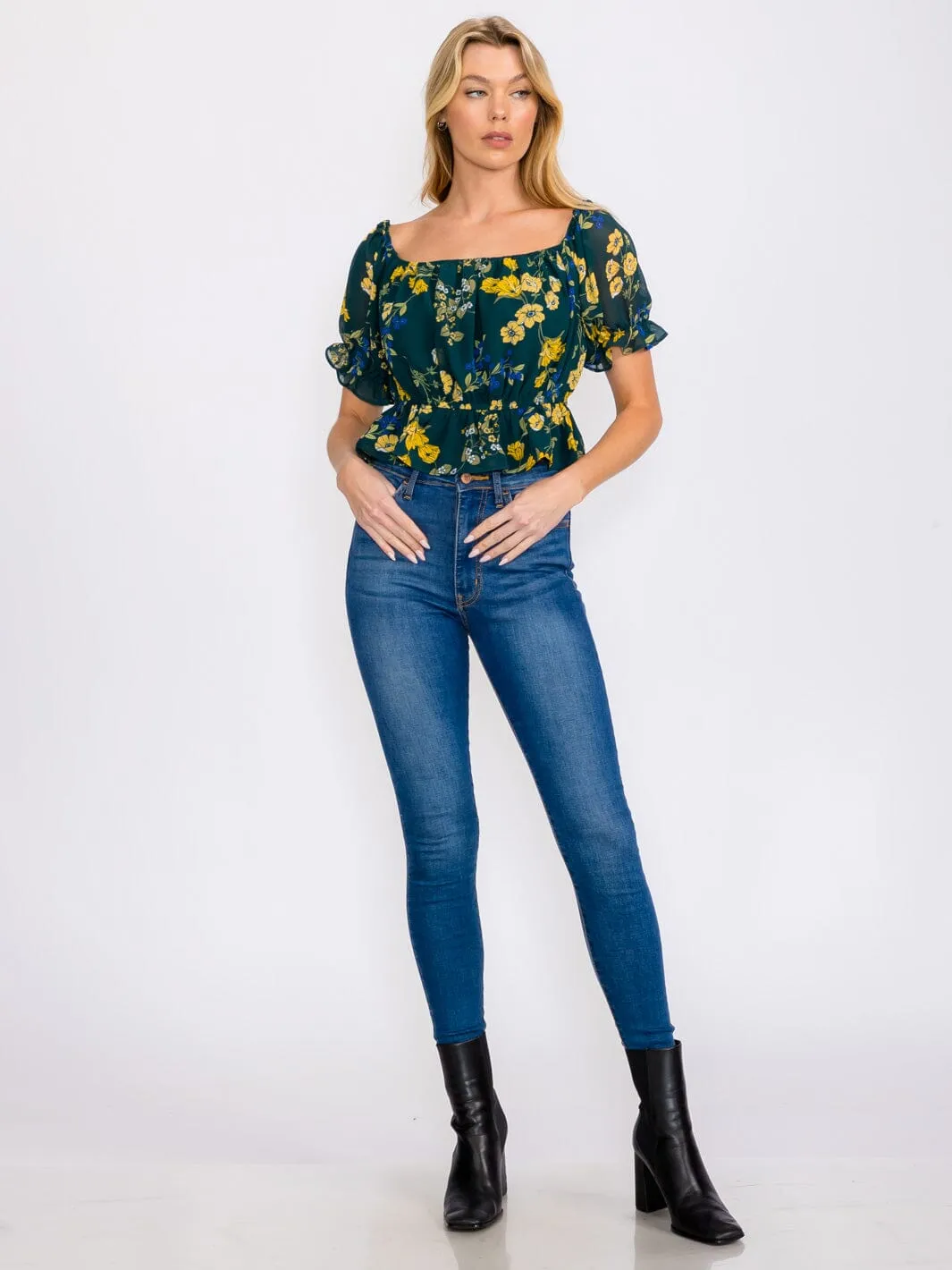 WOMEN'S SHORT SLEEVE ELASTIC WAIST FLORAL PRINT TOP