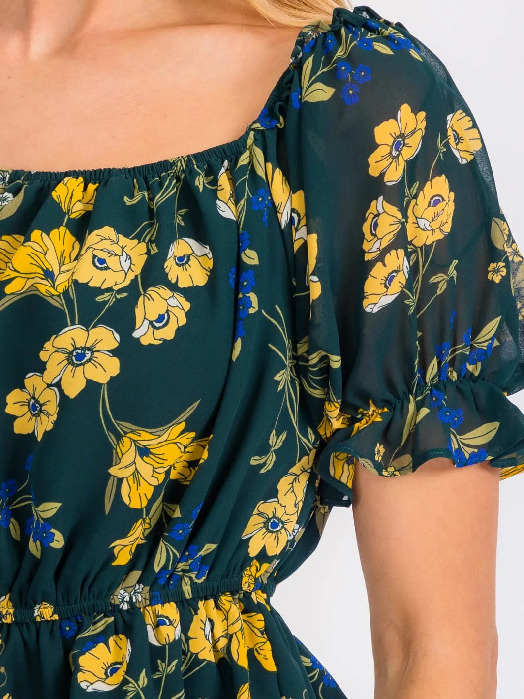 WOMEN'S SHORT SLEEVE ELASTIC WAIST FLORAL PRINT TOP