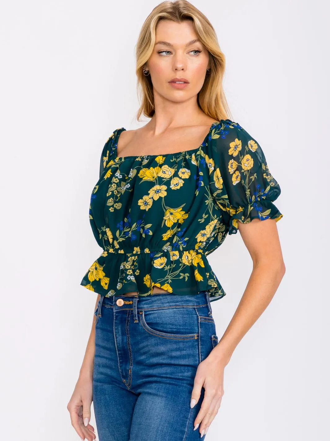 WOMEN'S SHORT SLEEVE ELASTIC WAIST FLORAL PRINT TOP