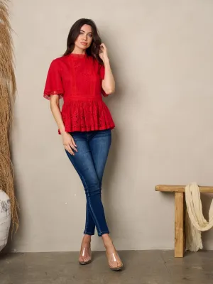 WOMEN'S SHORT SLEEVE MOCK NECK LACE PEPLUM BLOUSE