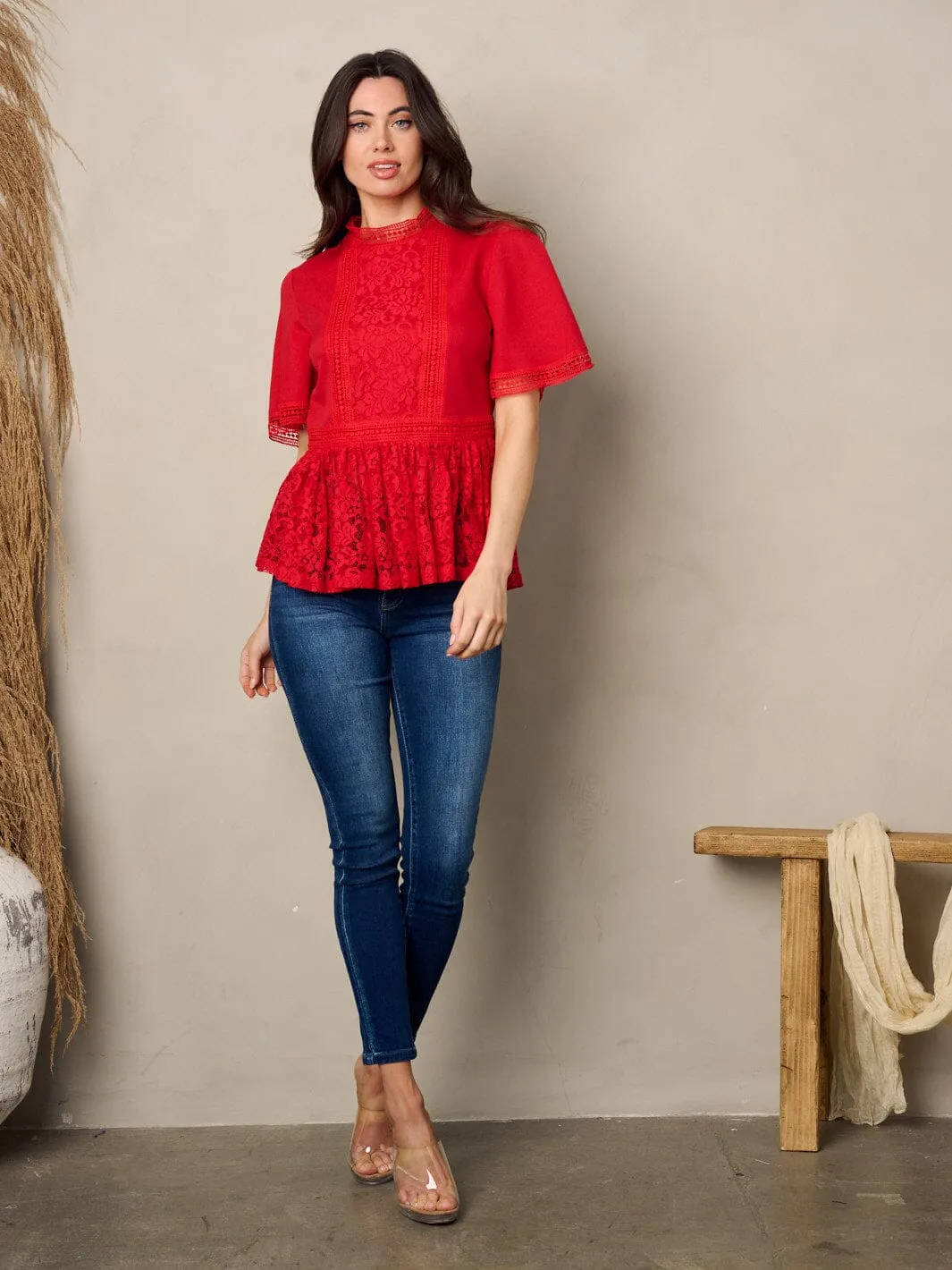 WOMEN'S SHORT SLEEVE MOCK NECK LACE PEPLUM BLOUSE