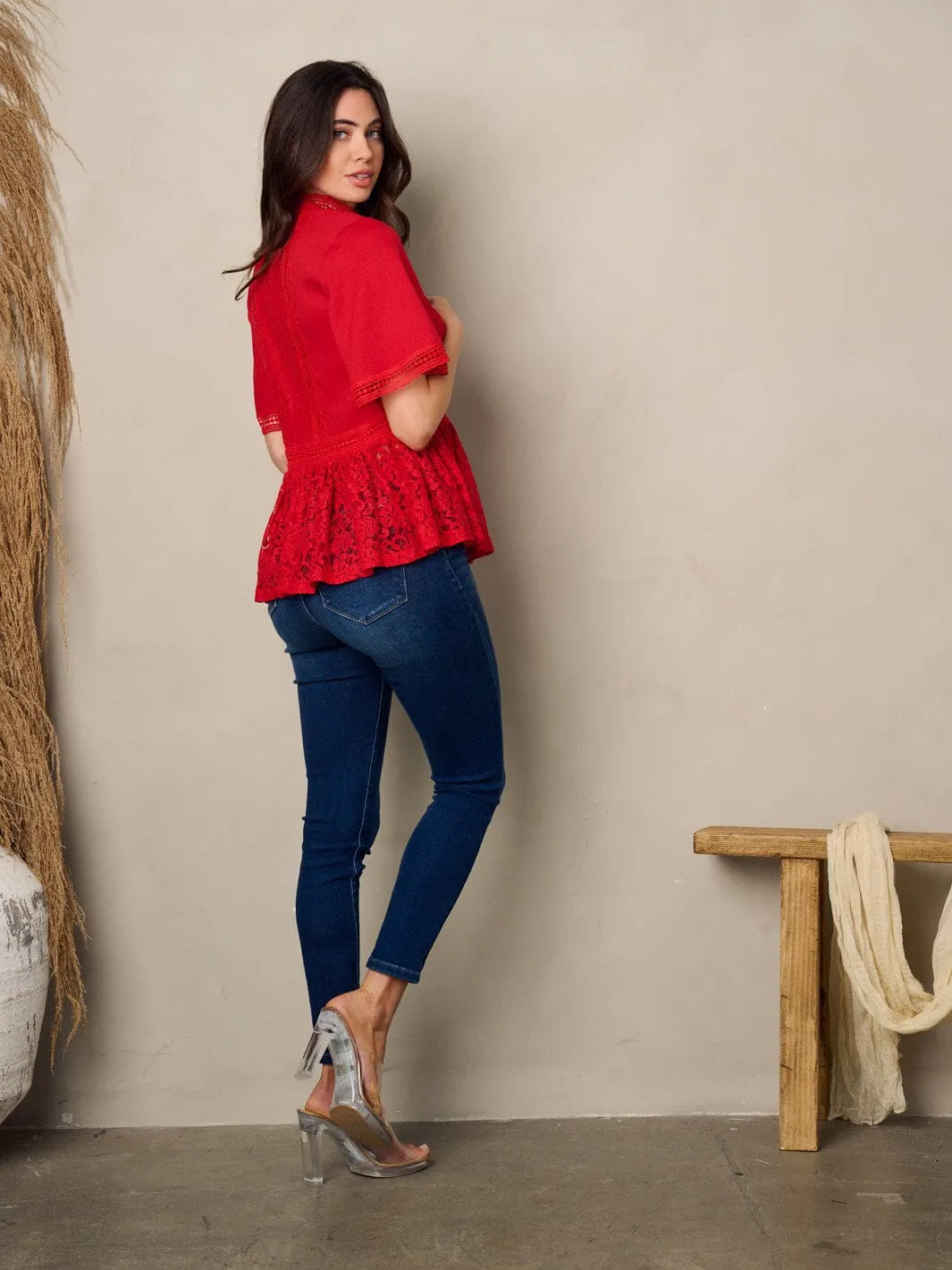 WOMEN'S SHORT SLEEVE MOCK NECK LACE PEPLUM BLOUSE