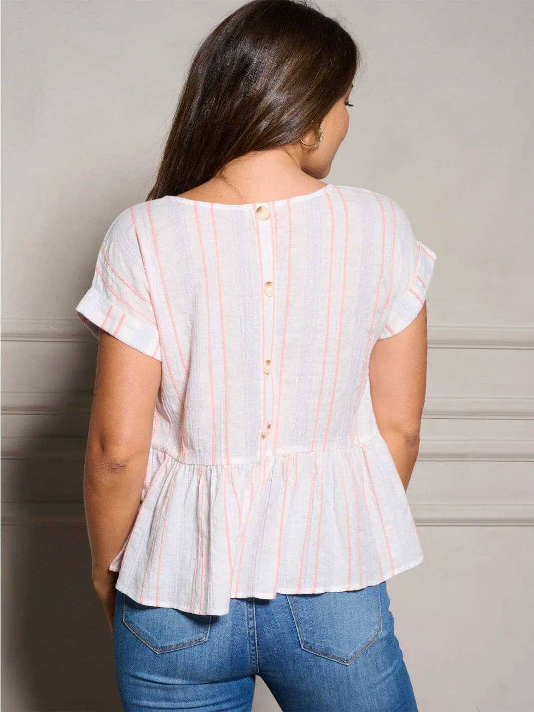 WOMEN'S SHORT SLEEVE MULTI STRIPES PEPLUM BLOUSE TOP