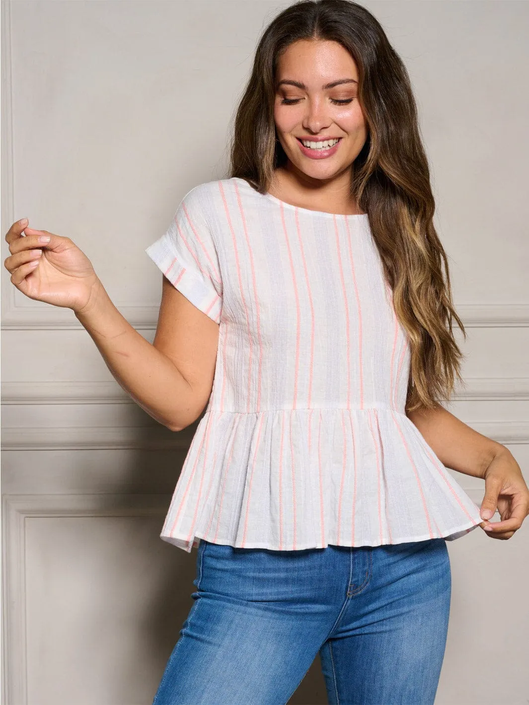 WOMEN'S SHORT SLEEVE MULTI STRIPES PEPLUM BLOUSE TOP