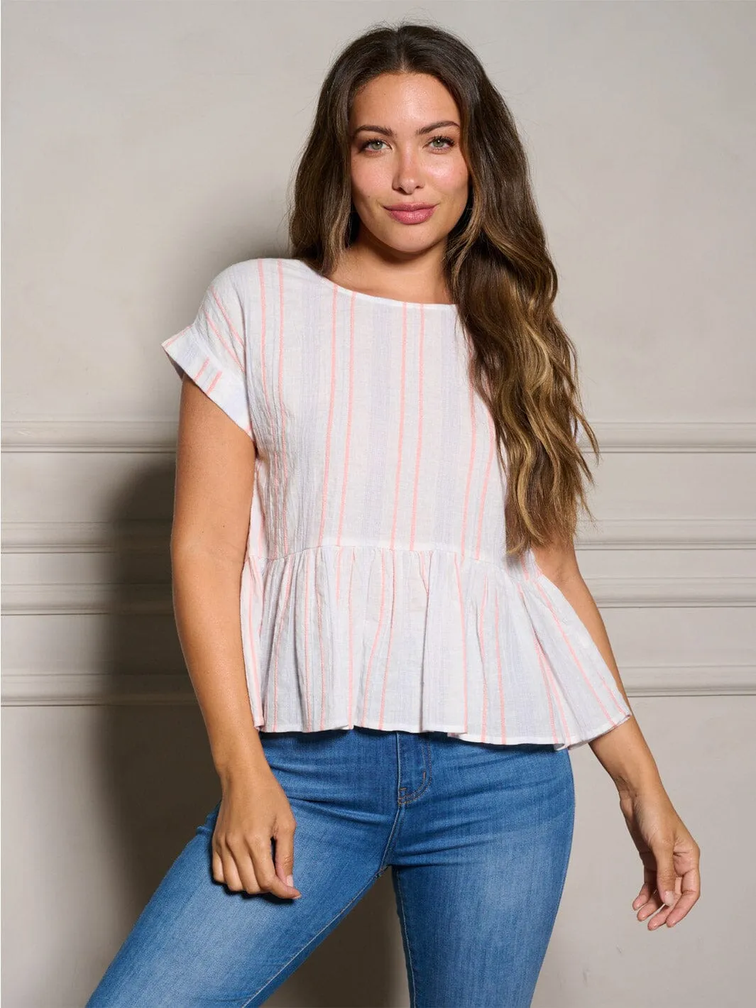WOMEN'S SHORT SLEEVE MULTI STRIPES PEPLUM BLOUSE TOP