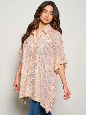 WOMEN'S SHORT SLEEVE RUFFLE SEQUINS BLOUSE TOP