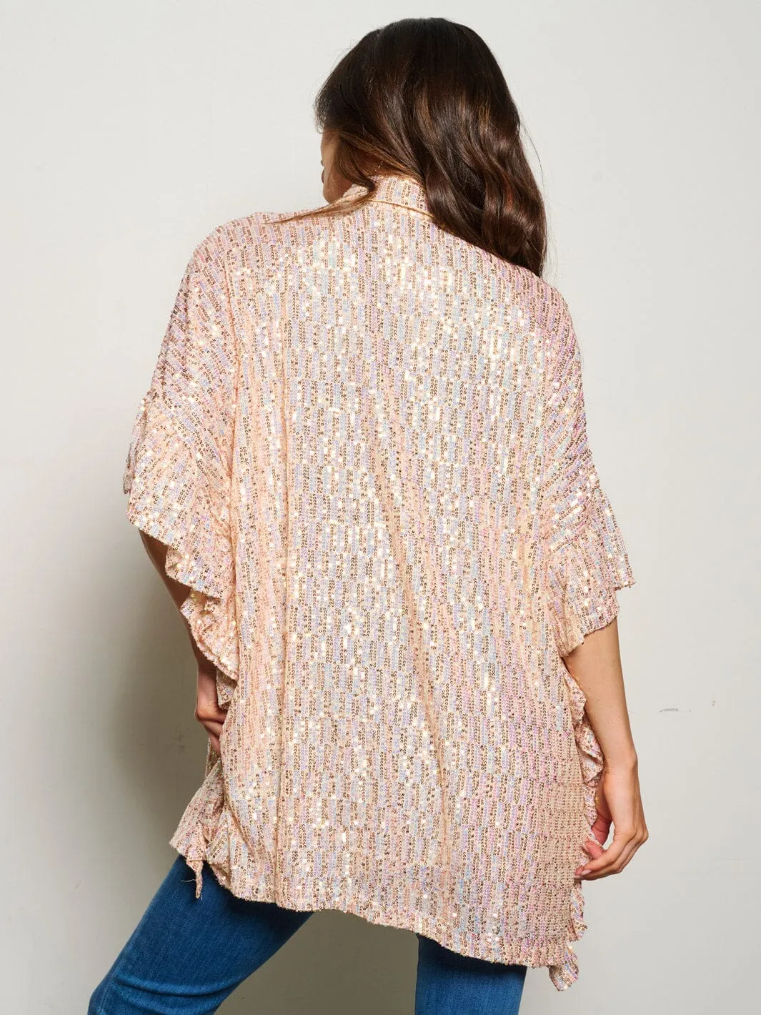 WOMEN'S SHORT SLEEVE RUFFLE SEQUINS BLOUSE TOP