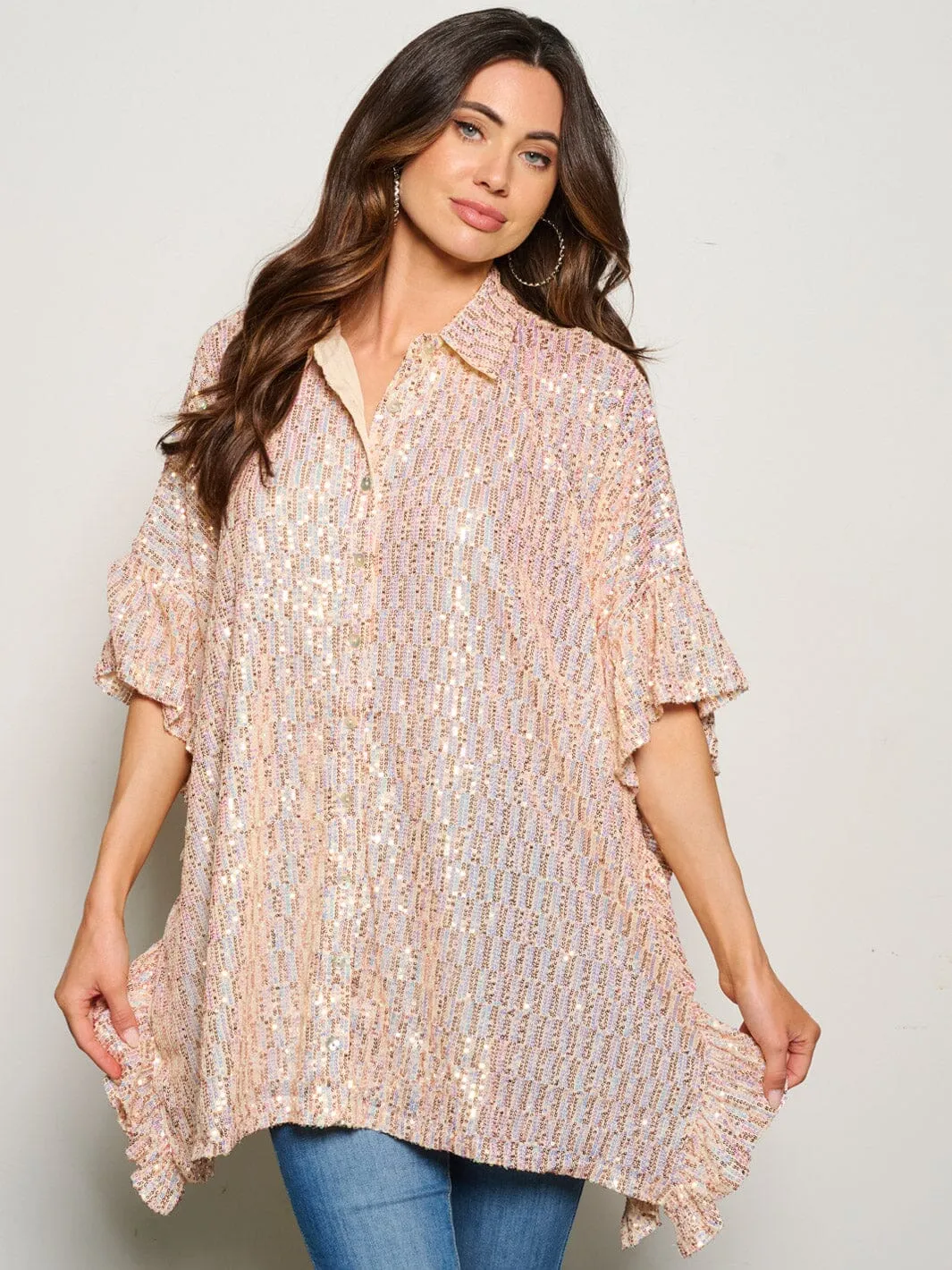 WOMEN'S SHORT SLEEVE RUFFLE SEQUINS BLOUSE TOP